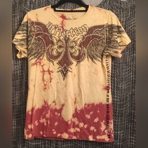 Affliction Graphic Tee ~ Yellow & Red Tie-Dye Medium ~ Wings & Cross